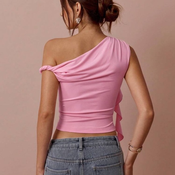 Romantic Women's Elegant 3D Floral Ruffle Trim Slim Fit Asymmetrical Neck Top - Picture 2 of 4